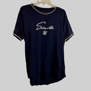 M609) Siksilk Navy Blue White Trim Short Sleeve Tee Size Large
